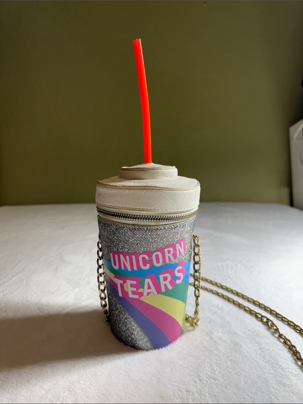 Skinny Dip Unicorn Tears Novelty Crossbody Bag with Neon Orange Straw